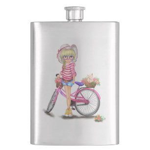 Blonde Flasche mit rosa Fahrrad und Katze in Blume Flachmann
