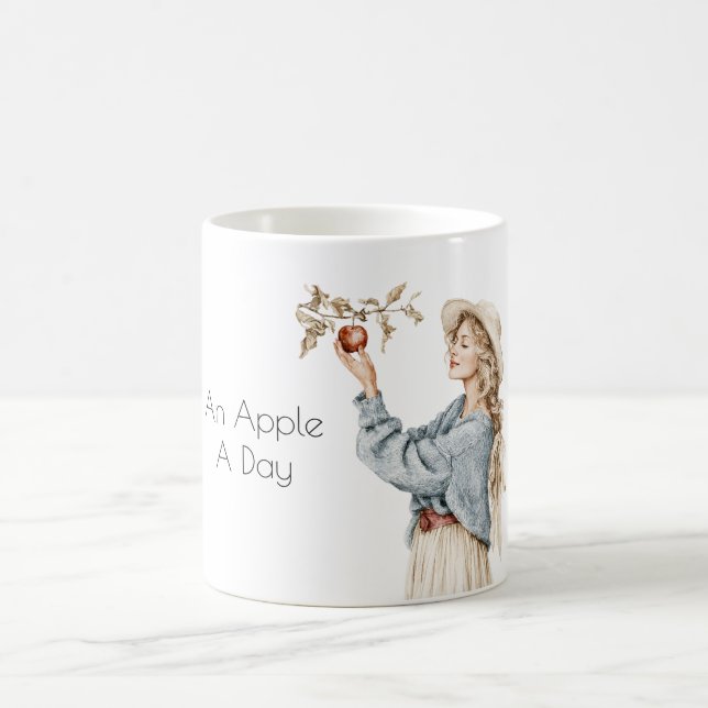 Blonde Frau Blaues Sweatshirt Apfel Pro Tag Kaffeetasse (Mittel)