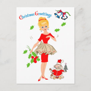Blonde Frau im roten Kleid und Santa-Hund, Feierta Postkarte