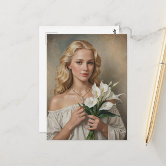 Blonde Frau mit Kreuzanhänger und Blumen Postkarte
