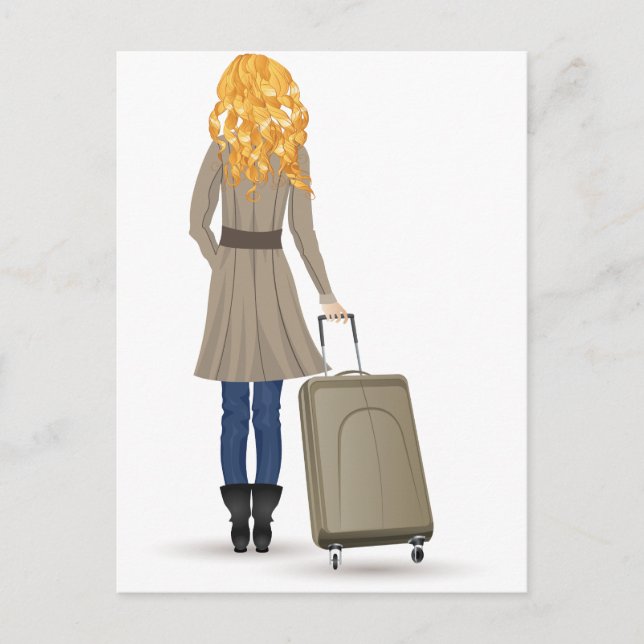Blonde Frau mit Suitcase Postkarte (Vorderseite)
