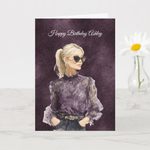 Blonde Frau Sonnenbrille Lila Bluse Geburtstag Karte