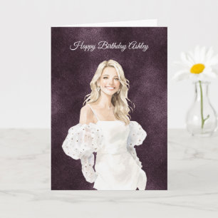 Blonde Frau weißes Kleid lila Geburtstag Karte