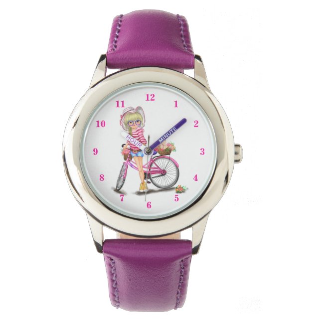 Blonde Girl and Pink Bike Watch Geschenk Armbanduhr (Vorderseite)