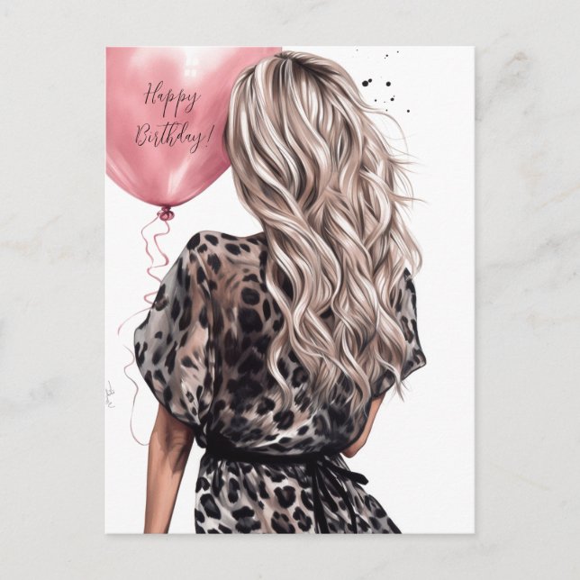 Blonde Girl Back rosa Ballon Leopard Kleid Postkarte (Vorderseite)