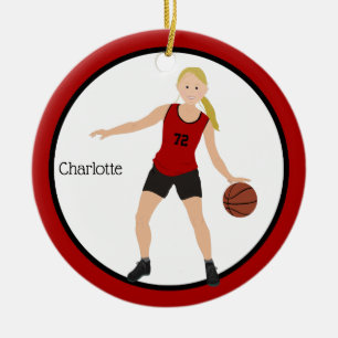 Blonde Girl Basketball-Spieler in Rot und Schwarz Keramik Ornament