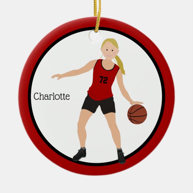 Blonde Girl Basketball-Spieler in Rot und Schwarz Keramik Ornament (Vorne)