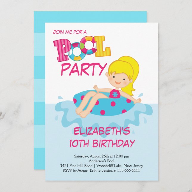 Blonde Girl Birthday Sommerpool Party Einladung (Vorne/Hinten)