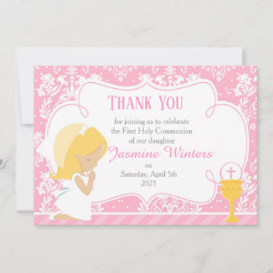 Blonde Girl First Communion Damask Dankeskarte