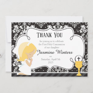 Blonde Girl First Communion Damask Dankeskarte