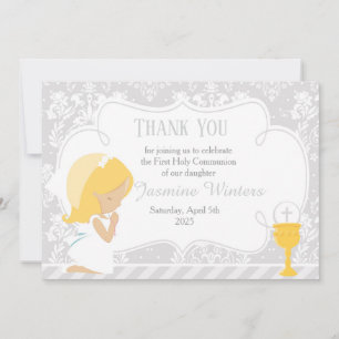 Blonde Girl First Communion Damask Dankeskarte