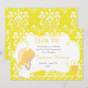 Blonde Girl First Communion Damask Dankeskarte
