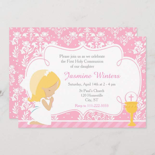 Blonde Girl First Communion Damask Einladung (Vorne/Hinten)
