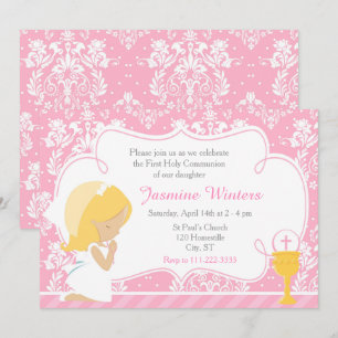 Blonde Girl First Communion Damask Einladung