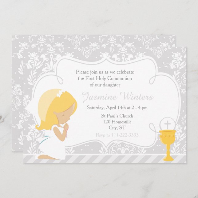 Blonde Girl First Communion Damask Einladung (Vorne/Hinten)