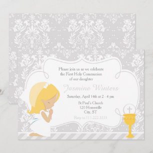 Blonde Girl First Communion Damask Einladung