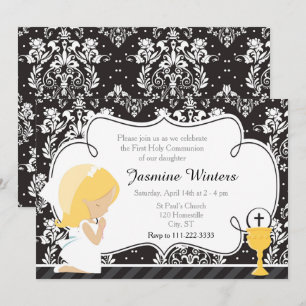 Blonde Girl First Communion Damask Einladung