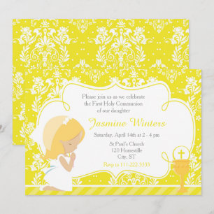 Blonde Girl First Communion Damask Einladung
