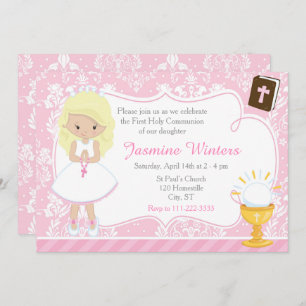 Blonde Girl First Communion Damask Einladung