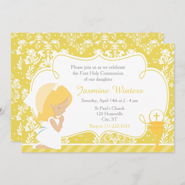 Blonde Girl First Communion Gold Damask Einladung (Vorne/Hinten)