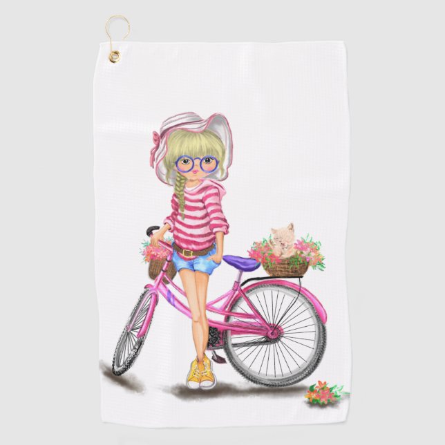 Blonde Girl Golf Handtuch mit rosa Bike (Vorderseite)