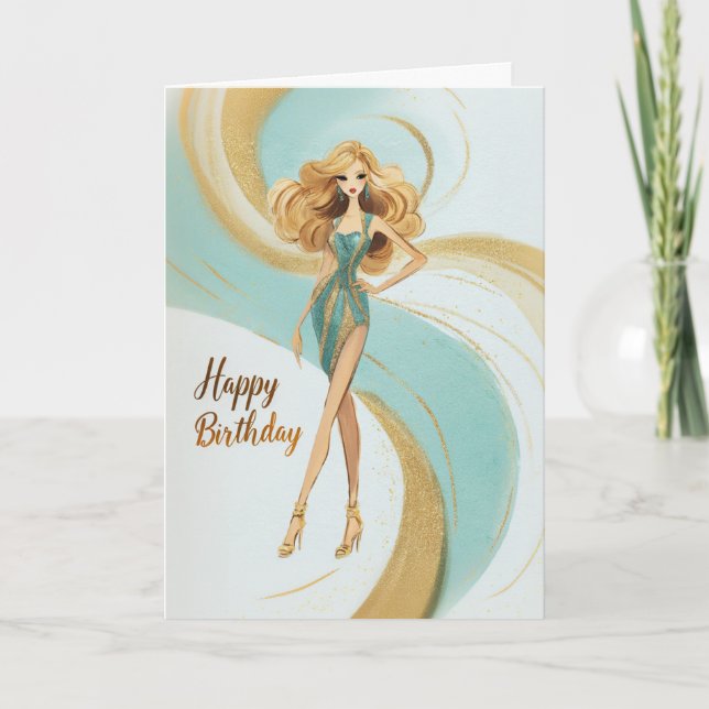 Blonde Girl in Teal Gold Glam Fashionista Birthday Karte (Vorderseite)