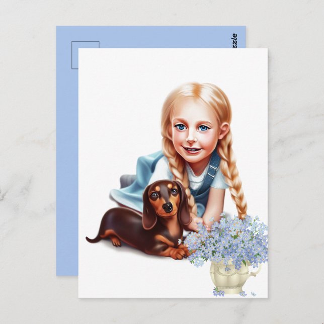 Blonde Girl mit Dackel Puppy Postkarte (Vorne/Hinten)