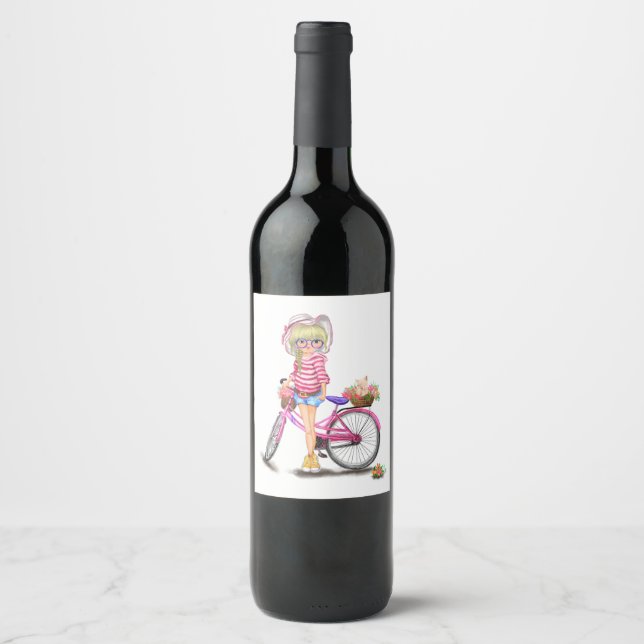 Blonde Girl mit rosa Bike Flasche Label Weinetikett (Vorderseite)