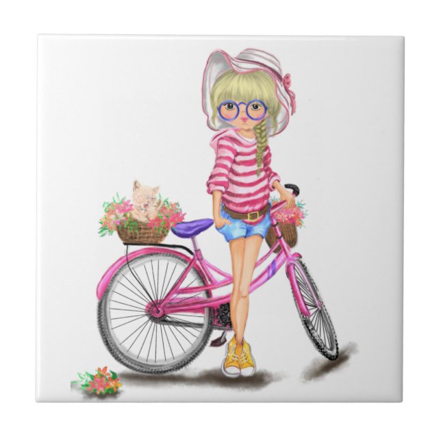 Blonde Girl Pink Bicycle Tile Fliese (Vorderseite)