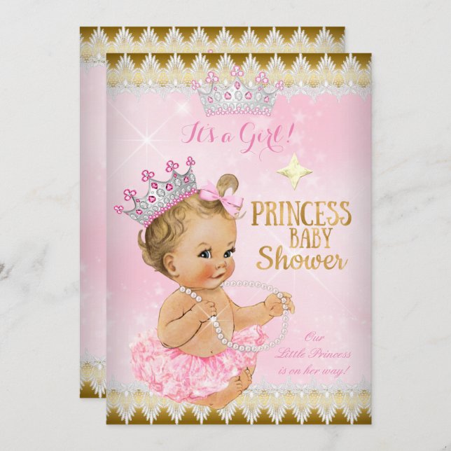 Blonde Girl Princess Baby Dusche Pink Tutu Gold Einladung (Vorne/Hinten)