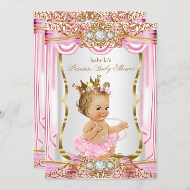 Blonde Girl Princess Baby Dusche Rosa Seide Gold Einladung (Vorne/Hinten)
