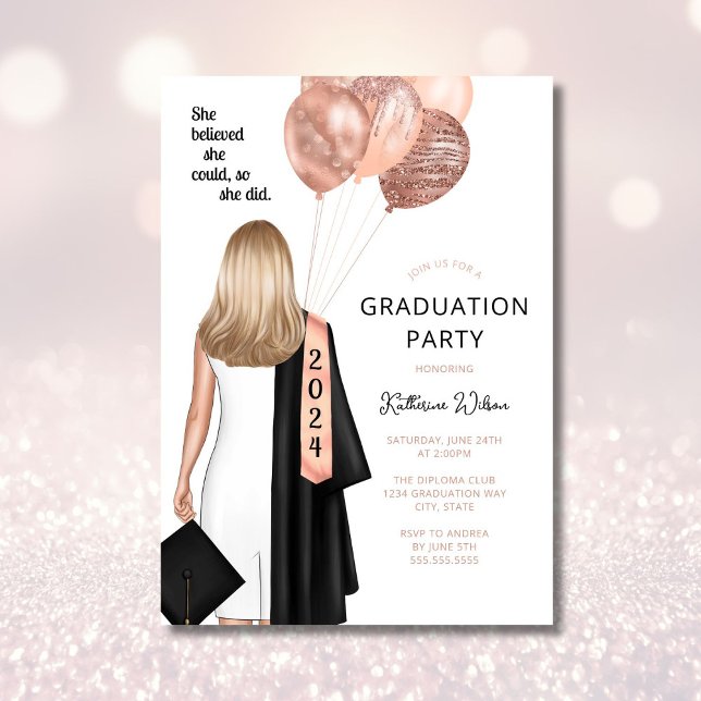 Blonde Girl She glaubte Blush Graduation Party Einladung (Von Creator hochgeladen)