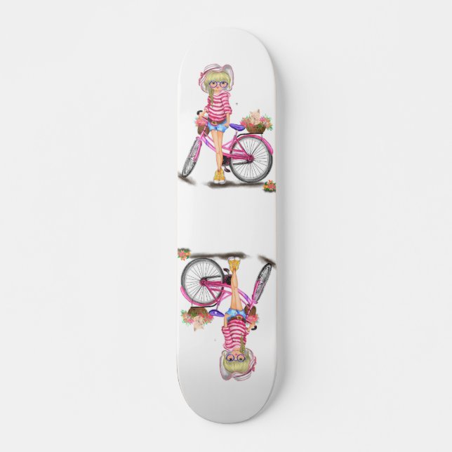 Blonde Girl Skateboard mit rosa Bike (Vorne)