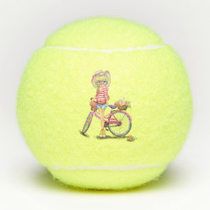 Blonde Girl Tennis Balls mit rosa Bike Tennisbälle
