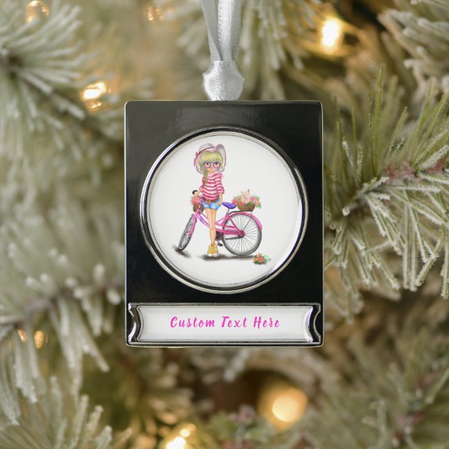 Blonde Girl Weihnachtsschmuck Pink Fahrrad Ihren T Banner-Ornament Silber (Baum)