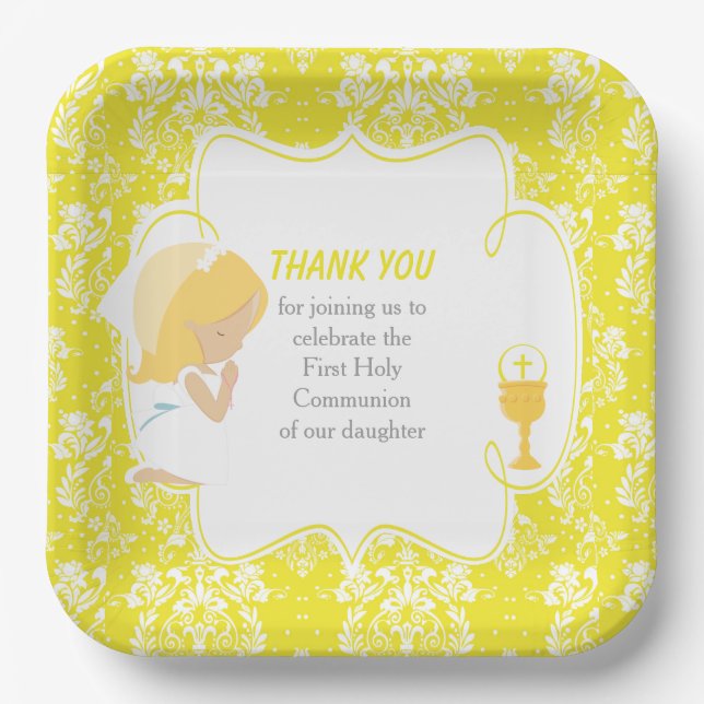 Blonde Girl Yellow Damask Pappteller (Vorderseite)
