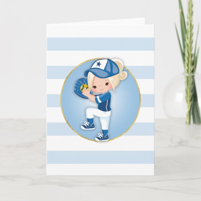 Blonde Girls Blue Softball Karte (Vorderseite)