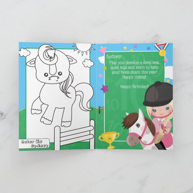 Blonde Girls Reittiere Farbseite Geburtstag Karte (Innenseite)
