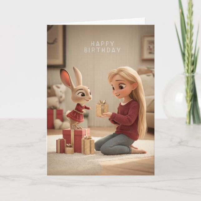 Blonde Giving Bunny in Red Dress Birthday Gift Karte (Vorderseite)