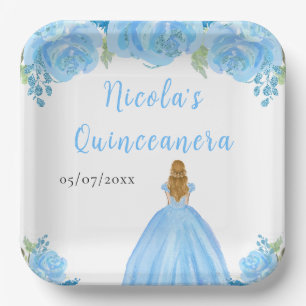 Blonde-Haar-Prinzessin Blaue Florale Quinceanera Pappteller