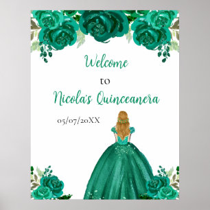 Blonde Haar Prinzessin Grüne Quinceanera Begrüßung Poster