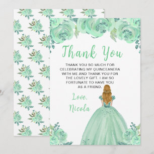 Blonde-Haar-Prinzessin Mint Floral Quinceanera Dankeskarte