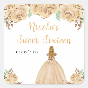 Blonde-Haar Prinzessin Peach Floral Sweet Sixteen Quadratischer Aufkleber
