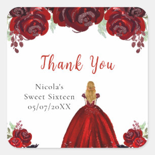 Blonde-Haar-Prinzessin Rote Blumen Sweet Sixteen Quadratischer Aufkleber