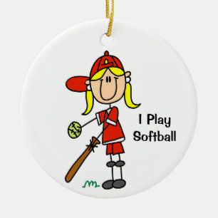 Blonde Haar-Strichmännchen Softball Frau Keramik Ornament