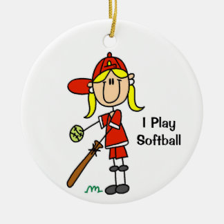 Blonde Haar-Strichmännchen Softball Frau Keramik Ornament