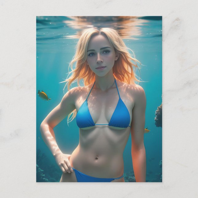Blonde Haaresün Blauer Bikini Unterwasser-Foto Postkarte (Vorderseite)