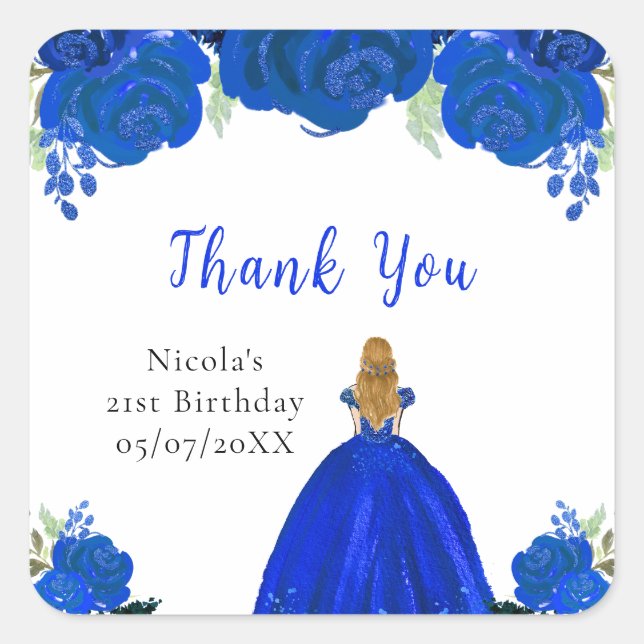 Blonde Hair Princess Blue Floral Birthday Party Quadratischer Aufkleber (Vorderseite)