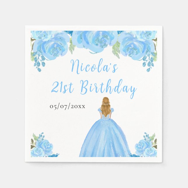Blonde Hair Princess Blue Floral Birthday Party Serviette (Vorderseite)