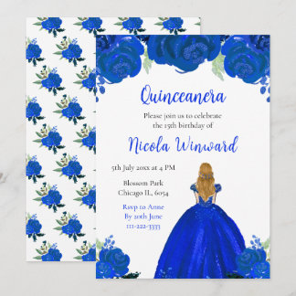 Blonde Hair Princess Blue Floral Quinceanera Einladung